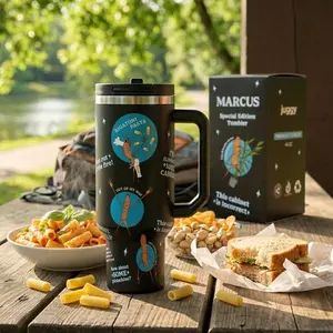 Marcus The Worm 40oz Tumbler - Sarcastic Rigatoni Pasta Meme Sticker Bomb Cup - Classic Insulated Black Travel Mug with Handle for Men Women