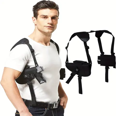 Double Concealed Carrying Shoulder Holster - Ambidextrous Universal Unisex, Left/Right Hand Fit, Compact to Large Handguns Compatibility, Snap Closure Device, No Extra Bulky Design, Sports & Outdoor Gun Accessory
