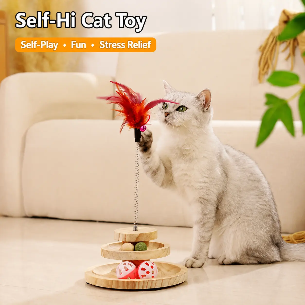 Interactive Wooden Cat Toy with Feather Teaser, Double Track Ball & Catnip Ball, Indoor Cat Exercise & Mental Stimulation Toy