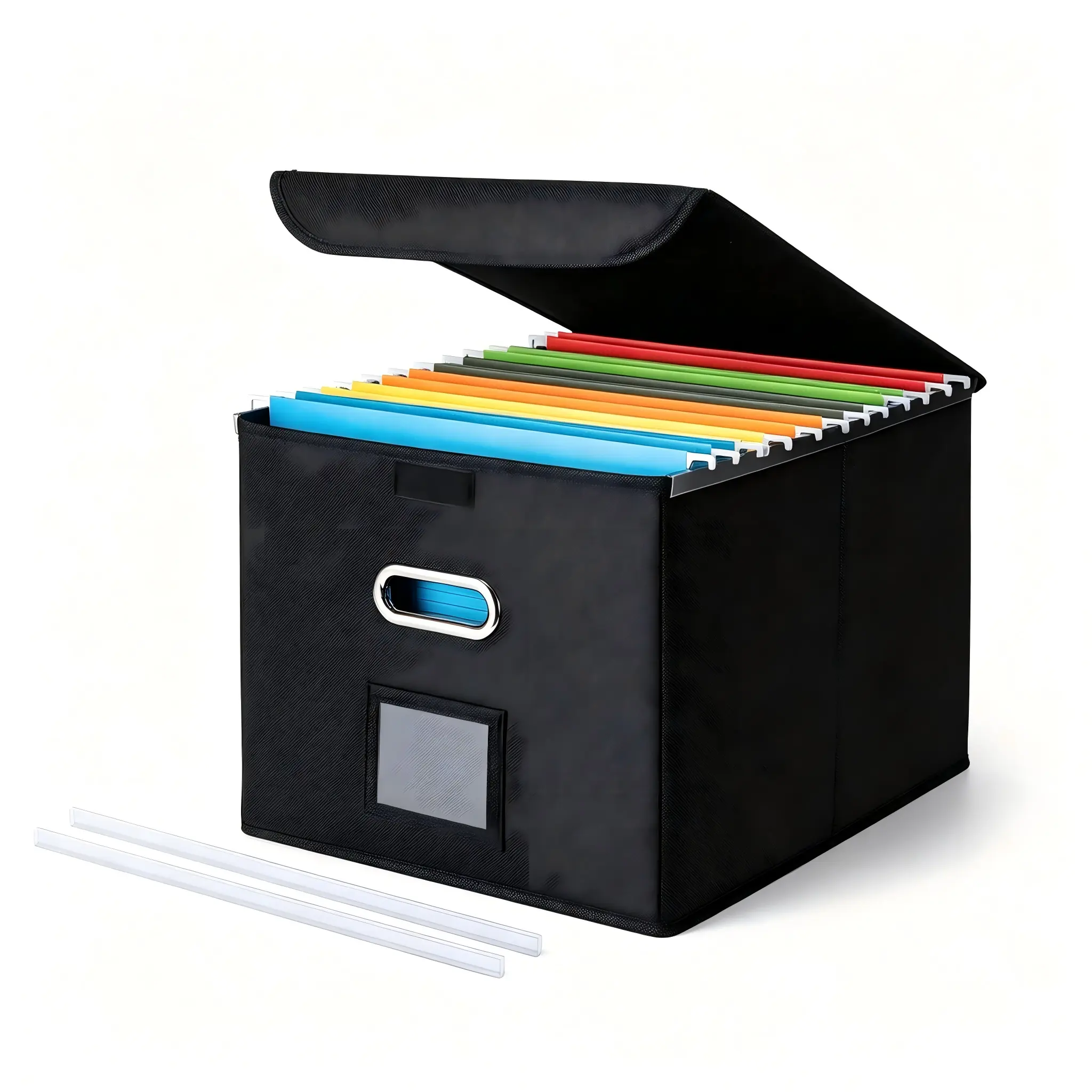 File Organizer Box with Lid, Large Hanging File Folder Organizer with Plastic Supports, Collapsible Portable File Storage Box for Documents, Paperwork, Office & Home