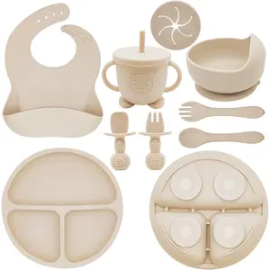 VVH Silicone Baby Feeding Set |   Baby Led Weaning Supplies Includes Suction Bowls and Divided Plates, Adjustable Bib, Baby Utensils Spoons and Forks,Cup |   Baby Feeding Essentials (Beige)