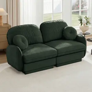 Chenille Cloud Sofa with Round Pillows & Quilted Back Cushion, 2-Layer Frame, Recessed Base Legs, Deep Ergonomic Seat, Easy Assembly, Modern Cozy Couch for Living Room