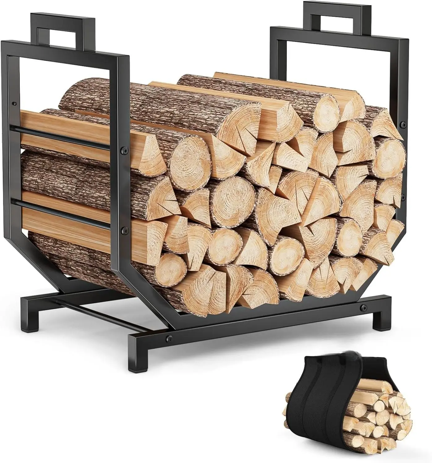 Kcysta Firewood Rack Outdoor Indoor with Removable Carrier Metal Wood Holder Heavy Duty Sturdy Log Storage Racks Classic Appearance Floor Mount