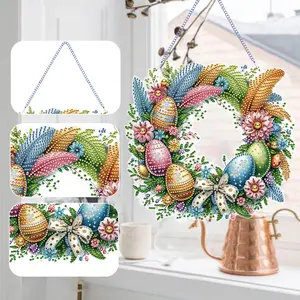 Easter Wreath Theme 2D Flat DIY 5D DIY Diamond Painting Dots Pendant Diamond Painting Set Rhinestone Diamond Art Window Pendants Single Sided Drill Window Hanging Art for Home Decor