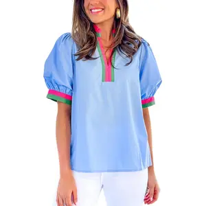 Women's Sky Blue Contrast Striped V Neck Short Puff Sleeve Blouse