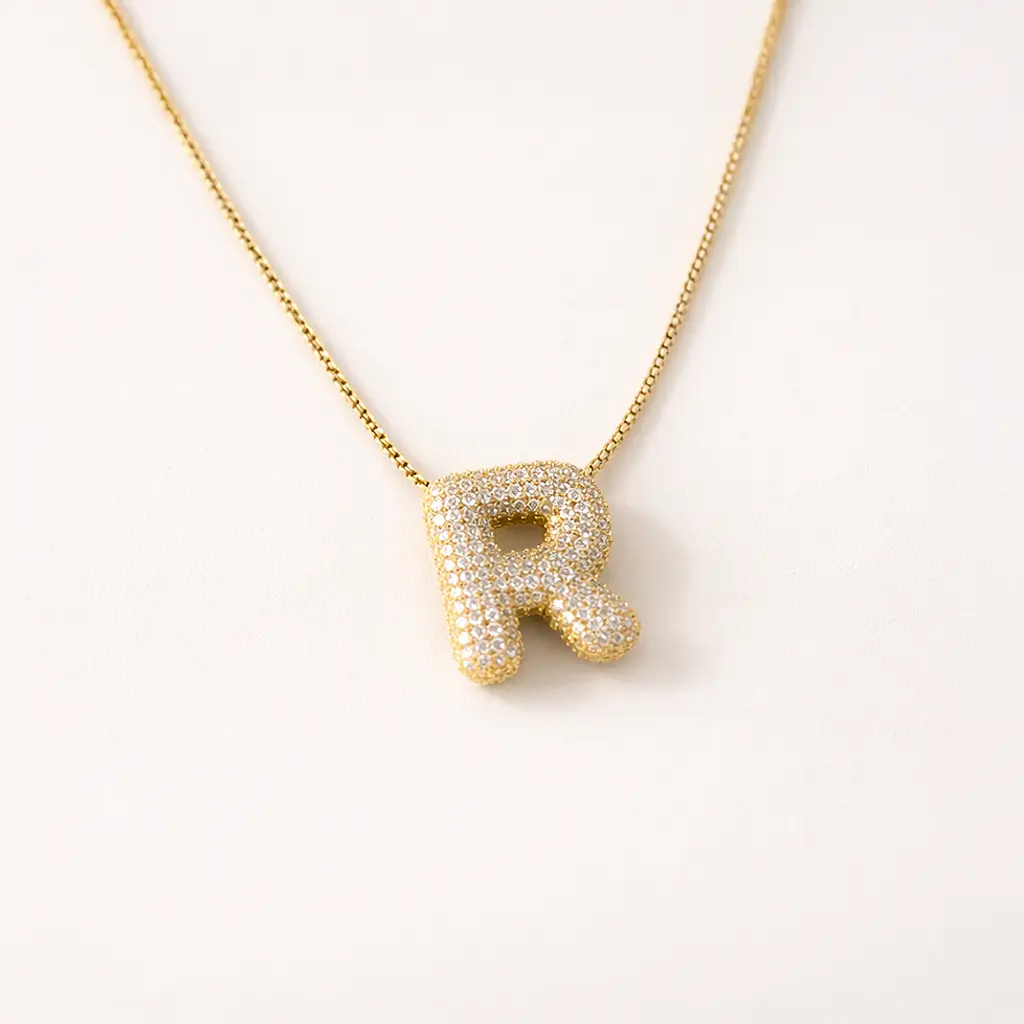 Diamond Paved Initial Necklace, Initial Customized Necklace, Initial Personalized Necklace, Bubble Letter Necklace, Balloon Letter Necklace