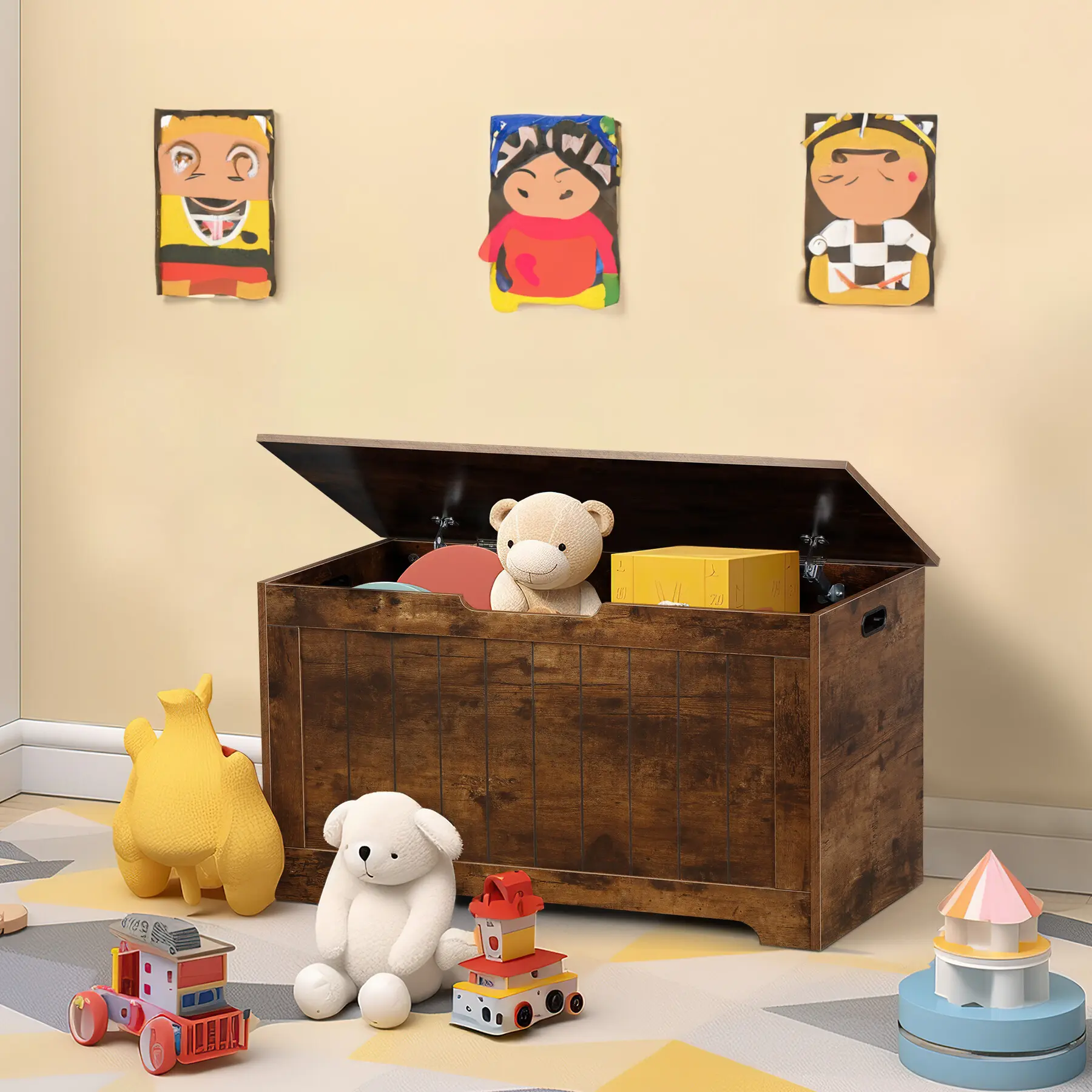 Segawe 30-Inch Durable Wooden Storage Chest with Safety Hinges - Rustic Brown Farmhouse Furniture, Kids Nursery Organizing Toy Organizer, Easy-to-Assemble Entryway Storage Holder,summerwins