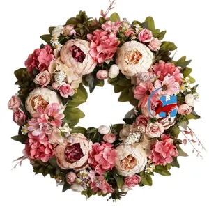 Spring Artificial Pink Peony Wreath, European Style Door Hanging Wreath for Wedding & Home Decor