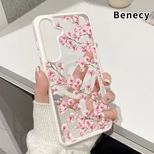 Magnetic Case Compatible with Galaxy S23 Ultra S24 Plus S25 S22+ FE Blossoming Cherry Dreams Pattern Acrylic Back TPU Edges Shockproof Ultra Thin Mobile Phone Cover Gift for Girl