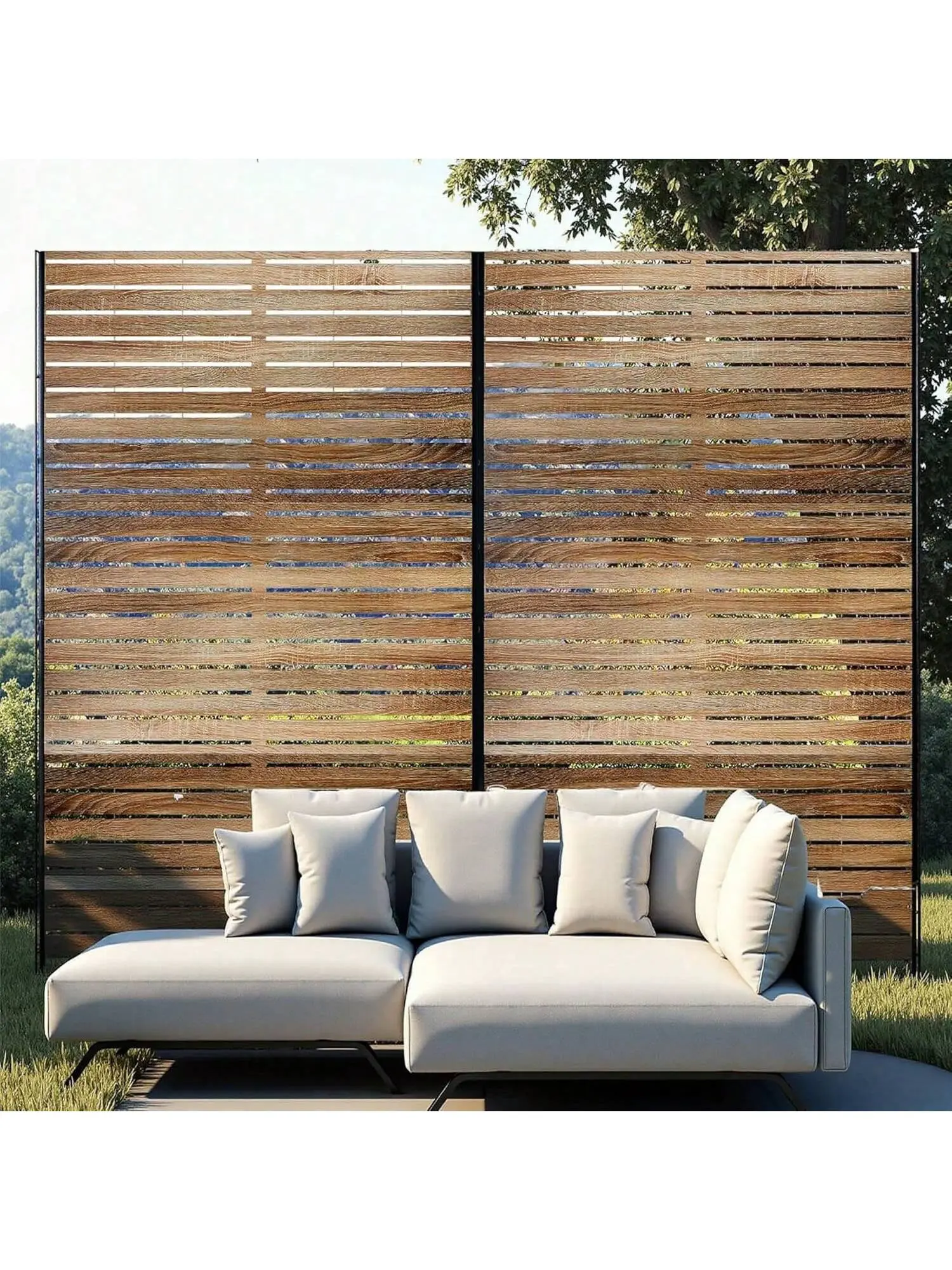72x47in Modern Natural Brown Horizontal Slat Galvanized Steel Privacy Screen - 3-Panel Freestanding Outdoor Divider with Stand & Hardware, Corrosion-Resistant, Water-Resistant Fence for Patio, Garden, Enhances Ambience Outdoor Decor