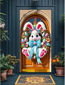 2D Doorhanger, 1pc Easter Bunny Wreath Decor - Polyester White Bunny And Colorful Easter Eggs Doorcover, Multi-Purpose Hanging Decor For Home & Outdo