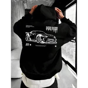 Men’s off-shoulder hooded sweatshirt with car and letter print; autumn–winter casual regular-fit drawstring hoodie with pockets; men’s indoor pajama top