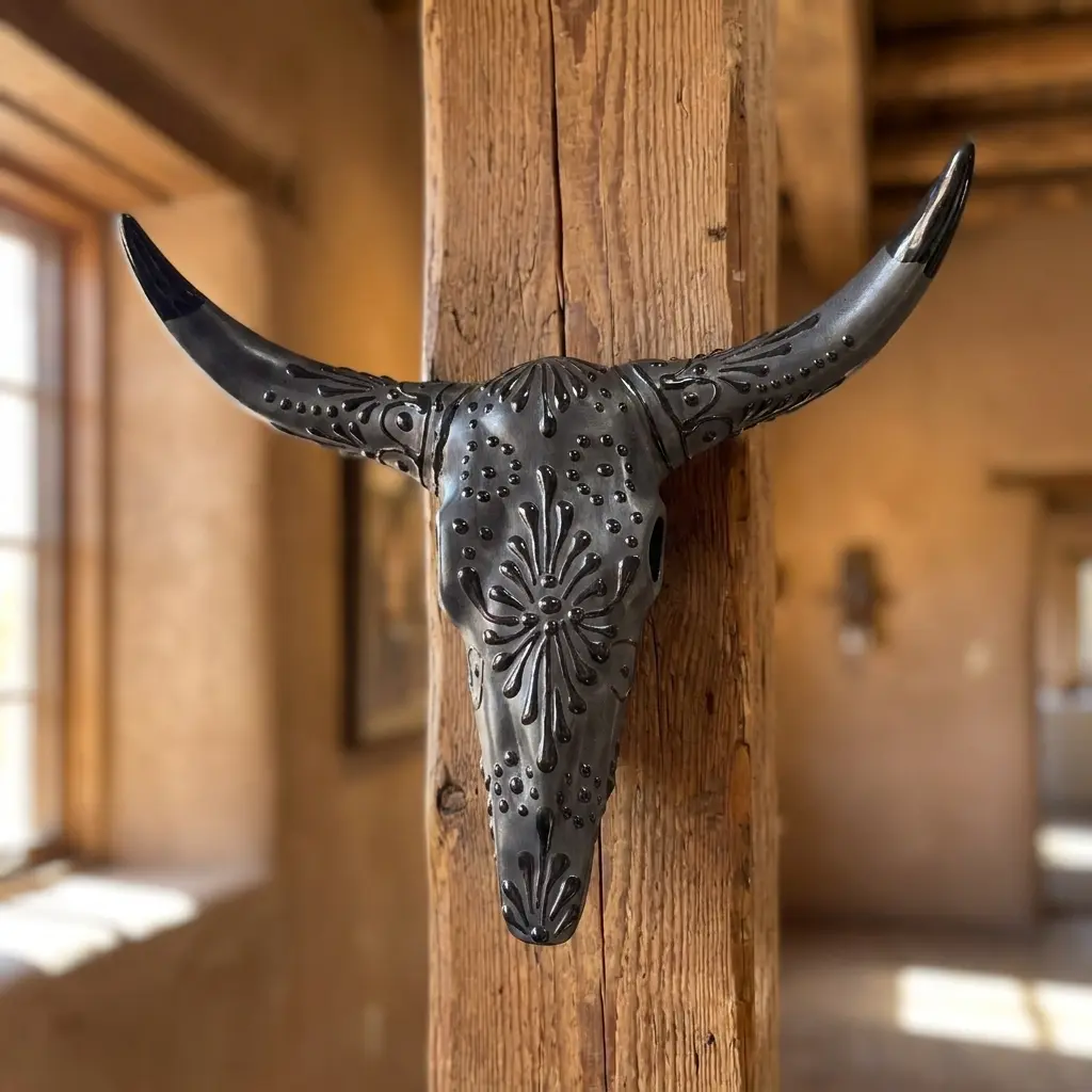 Handmade Handpainted Traditional Talavera Ceramic Longhorn Skull Collectible - 9" Tall x 9.5" Wide Rustic Hangable 9" Wall Accent, Indoor/Outdoor Western Hanging Wall Decor, Authentic Mexican Artistry Home Gift