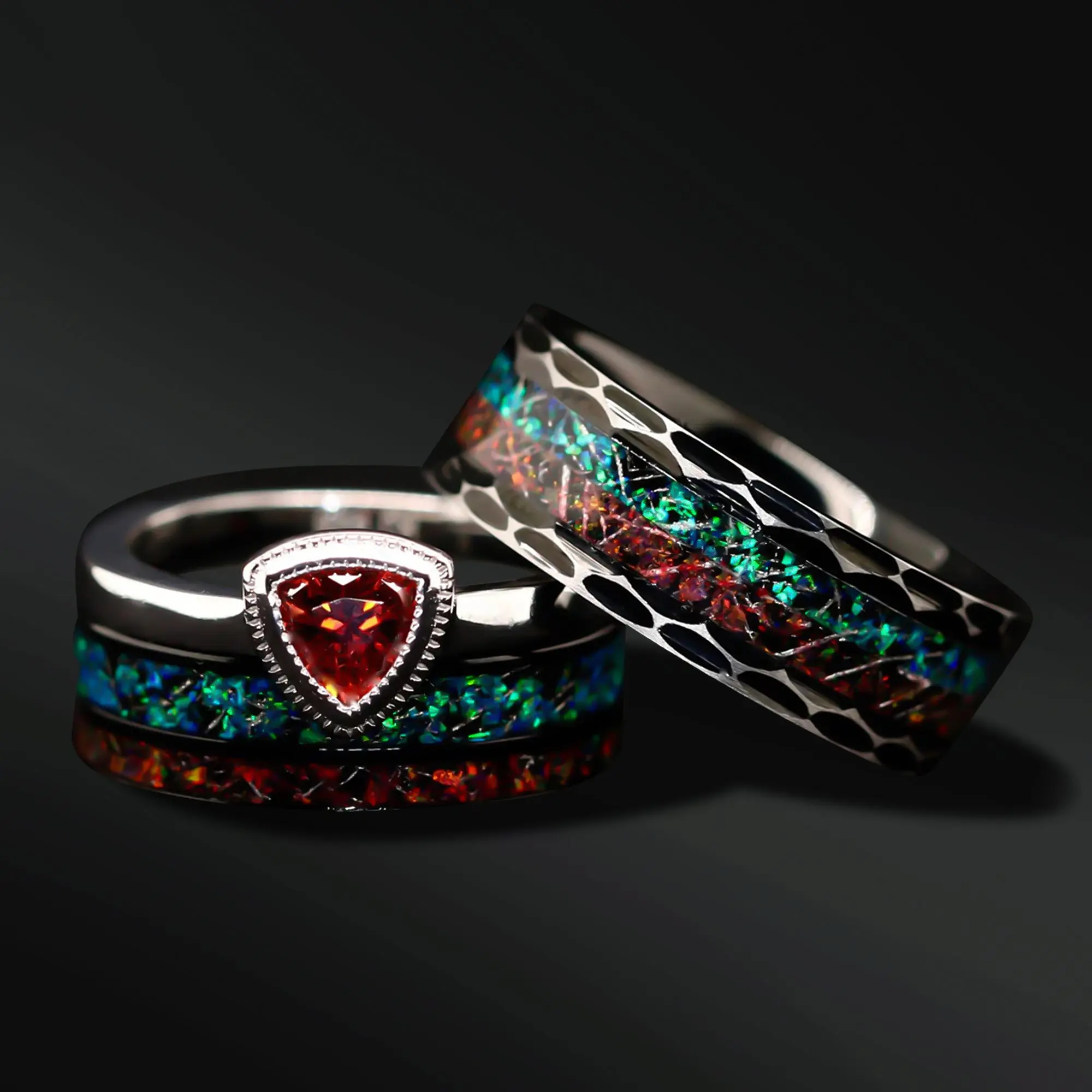 VolcanicBond — Opal Engagement Ring Duo for Him & Her