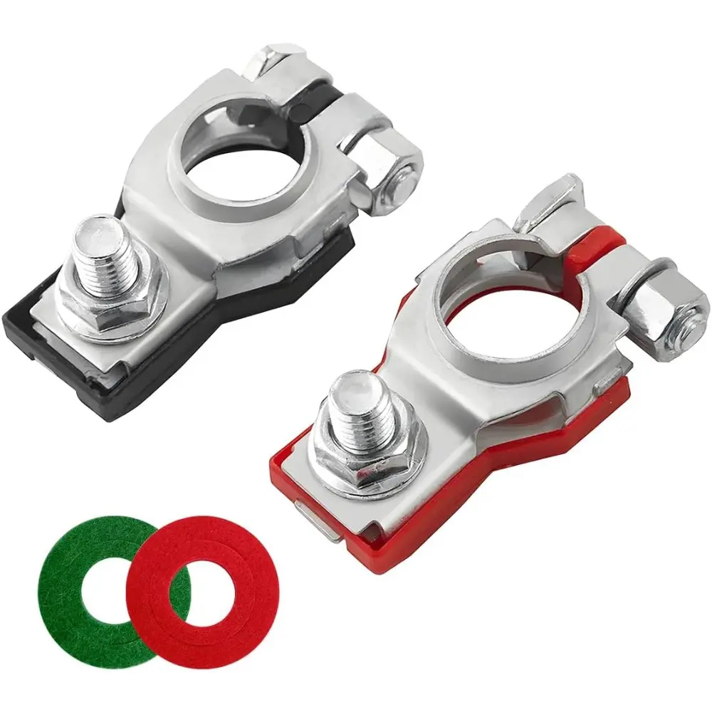 Top Post Battery Terminal Connector Clamp Set - 1 Pair (Positive & Negative) with 2 Washers, Smooth, Easy Install, Black Plastic Casing, Corrosion Resistant, Durable Automotive Battery Repair Accessory for SUV, Van, None