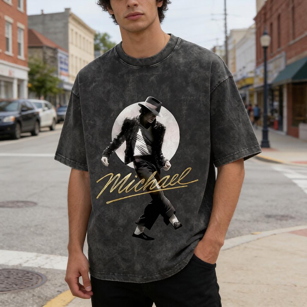 Retro Michael Jackson Dance Pose T-Shirt 260g Heavyweight Cotton Washed Streetwear Oversized Tee