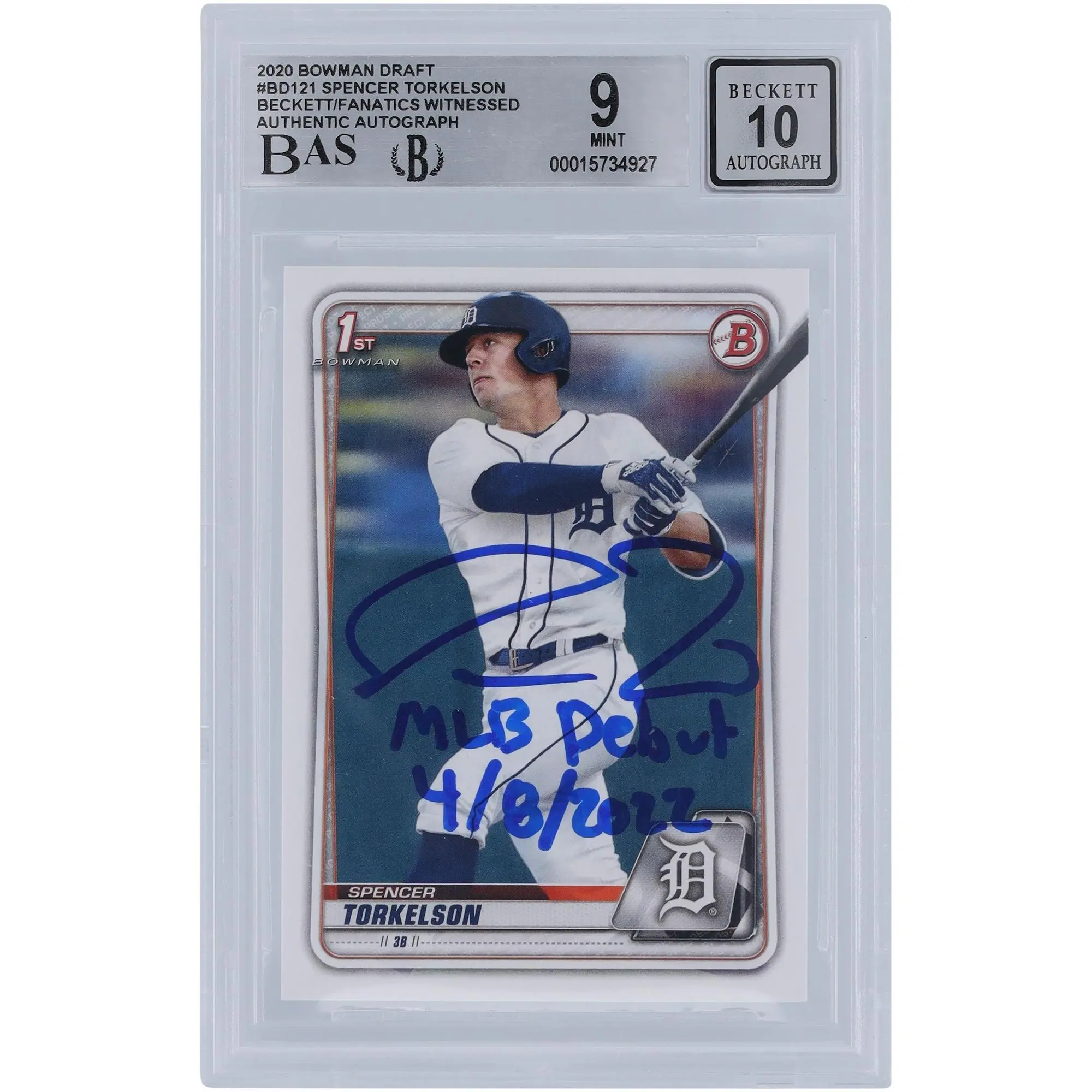 Spencer Torkelson Detroit Tigers Autographed 2020 Bowman Draft #BD-121 Beckett Fanatics Witnessed Authenticated 9/10 Rookie Card with "MLB Debut 4/8/2022" Inscription - Fanatics Authentic Certified