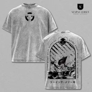 Going Merry Vintage Washed Oversized T-Shirt – Anime Pirate Ship Graphic Tee, Cute Crew Boat Manga Art Shirt, Casual Streetwear Apparel, Unisex Top, Gift for Anime Fans