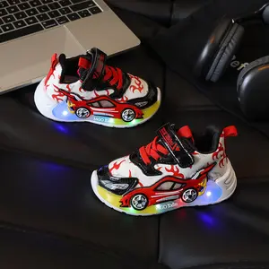 Boys Cartoon Race Car LED Light Up Sneakers, Soft Non-Slip Sole Casual Shoes for Daily School & Outdoor Kids Wear