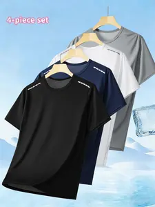 4 Piece Fashion Solid Color Short Sleeve Gym Workout Training Tops, Outdoor Badminton Volleyball Running Sports Wear, Athletic Sports Clothing