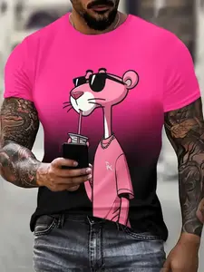 Men's Casual Streetwear 3D Playful Leopard Print Polyester Short Sleeve T-Shirt, Slightly Elastic Knit Fabric, Breathable Comfort, All Seasons, Menswear, Fitted