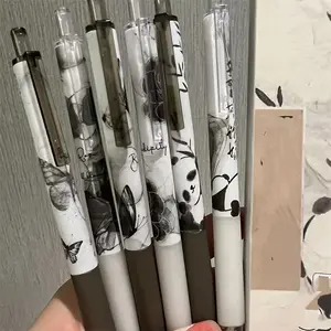 6pcs Panda Chinese Ink Wash Style High-Value Click Gel Pen, Quick-Drying Exam Black Pen