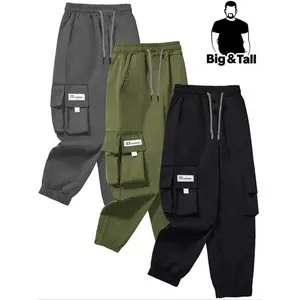 ??Plus Size?? Plain Letter Patched Drawstring Waist Cargo Pants, Casual Pocket Trousers for Daily Wear, Men's Bottoms for All Seasons, ActivewearGift