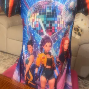 Summer Cyberpunk Style Girls' Knee-Length Dress, Asymmetrical Design Short Sleeve Casual One-Piece, All over Print H-Type