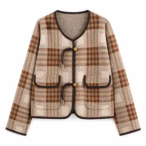 Arssm  Women's Vintage Button Down Cardigan Sweater Plaid Print Long Sleeve Knit Coat Fall Fashion Outerwear with Pockets