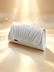 Elegant Pleated Glitter Evening Clutch, Silver Color Sparkly Envelope Purse, Formal Handbag for Women, Ideal for Prom, Wedding & Cocktail Events