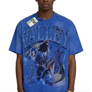Oversized VALLEY Hot Drill Letters T-Shirt Vintage Blue Short Sleeve Cotton Tee Men's Streetwear Bling Graphic Summer Outfit Trendy Casual Shirt