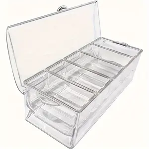 Chilled Condiment Server Tray, Bar Fruit Caddy with Lid And 5 Removable Compartments, Clear Ice Condiment Serving Tray for Party, Toppings Bar Container, Garnish