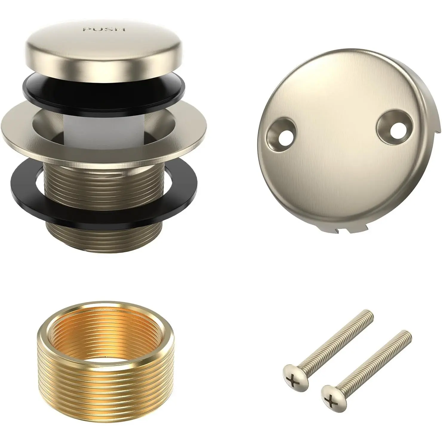 All Metal Tip- Bathtub Drain Kit with Two-Hole Overflow Faceplate and Universal Fine/Coarse Thread Assembly, Bath Tub Drain Kit fits All Bathtub -Brushed Nickel