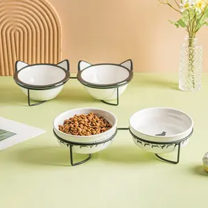 Ceramic Cat Bowl Set Dual Bowls High Feet Slanted Neck Protection Dog Feeding Pet Supplies, Durable Ceramic Material for Cats & Dogs