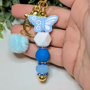 Silicone Beaded Golden Keychain with Mini Pompoms, Spring-Style Accessory