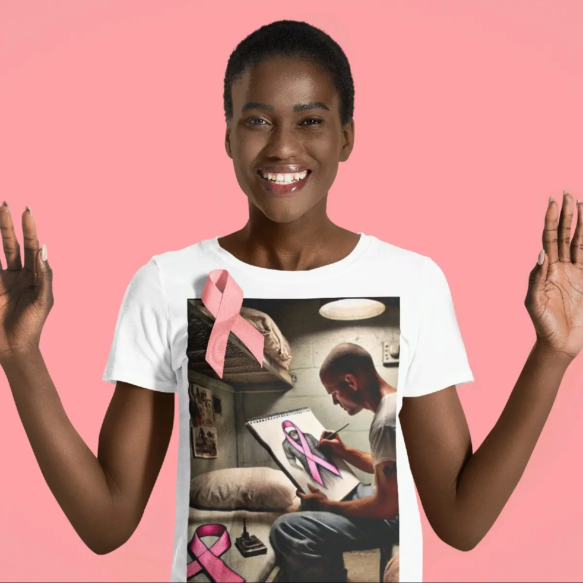 BREAST CANCER A-WEAR-NESS "SHARED PRISONS" T-SHIRT-PRISONER PAINTING