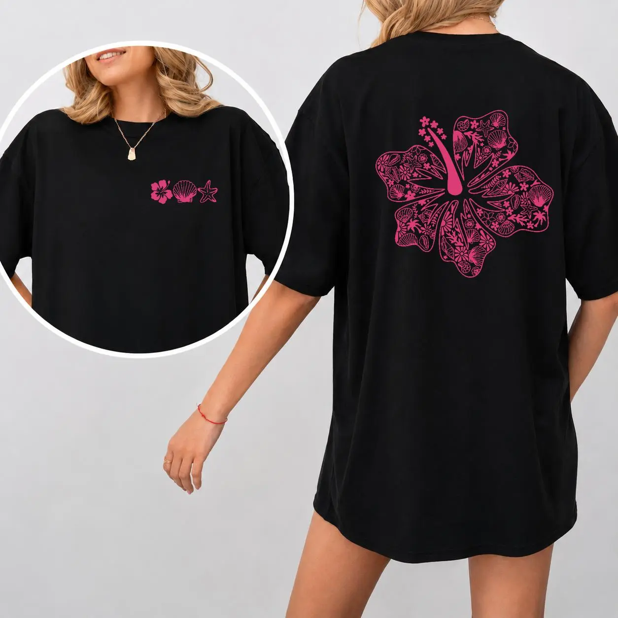 Women's Cotton Oversized Fit T-Shirt, Hibiscus-Seashell-Starfish Digital Print Tops, Breathable for Casual Summer Days, Cold Wash Safe, Graphic