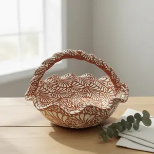 Terracotta & White Talavera Basket | Handmade Ceramic Bowl
