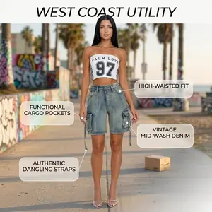 Trendy workwear shorts, high elasticity, distressed wash, high waist, wide legs, tie-up design, large pockets, mid-length