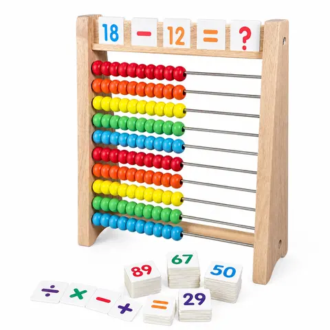 Wooden Abacus Kids Toy for Ages 3+ - 100-Bead Montessori Math Learning Toy, Kids Learning Materials with Number Cards, Symbol Cards for Early Math Skills Building, Kids Toys