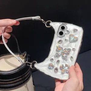 Lanyard 3D Diamond Sparkle Case for iPhone 17 Pro Max 16 15 14 13 Glitter Bling Crystal Handbag Case with Wristband Bracelet for Women Girls Butterfly Bow Heart Mirror Shockproof Pretty Luxurious 3D Rhinestone Case Cover