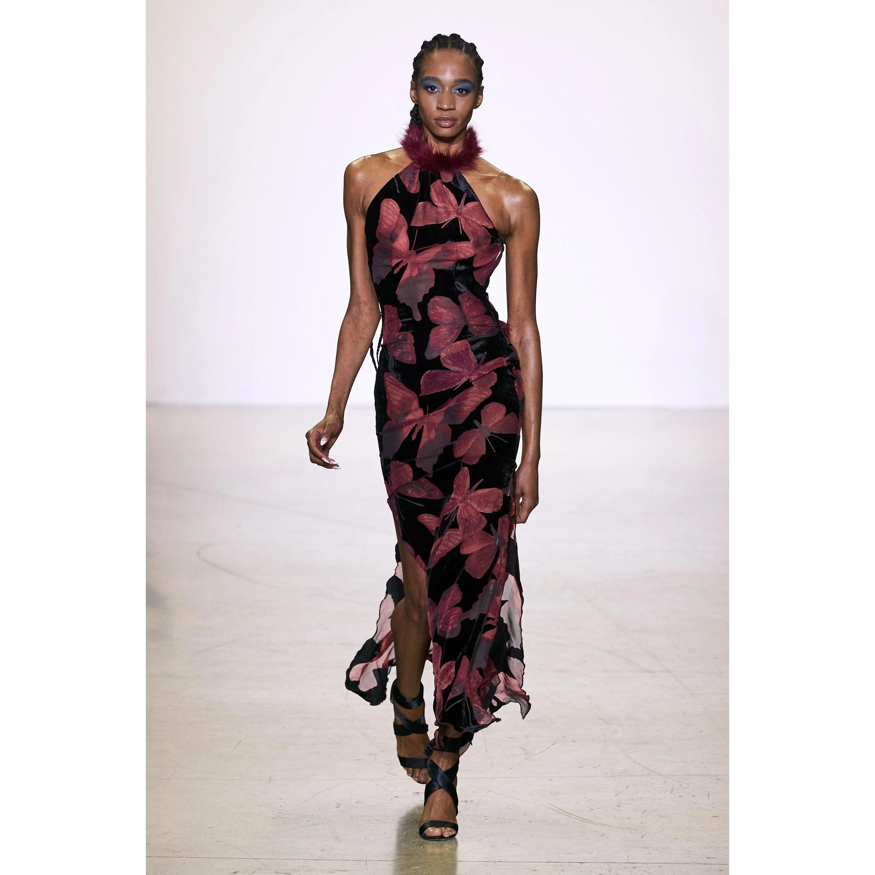 Fur Trim Butterfly Velvet Gown