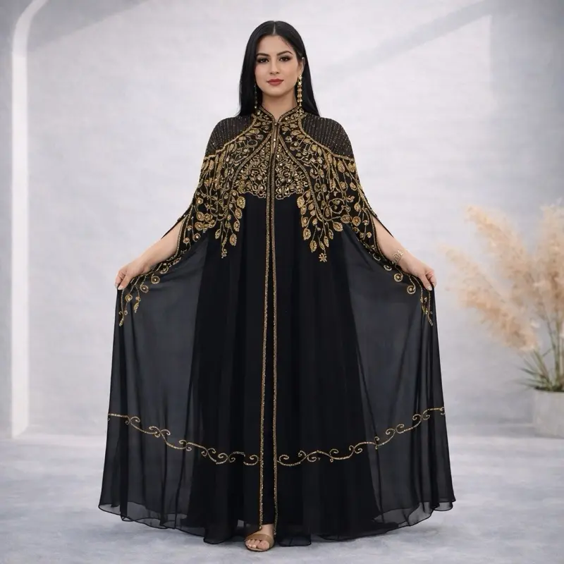 black and gold abaya dress Luxury Black Gold Trim Abaya 60 main image 0