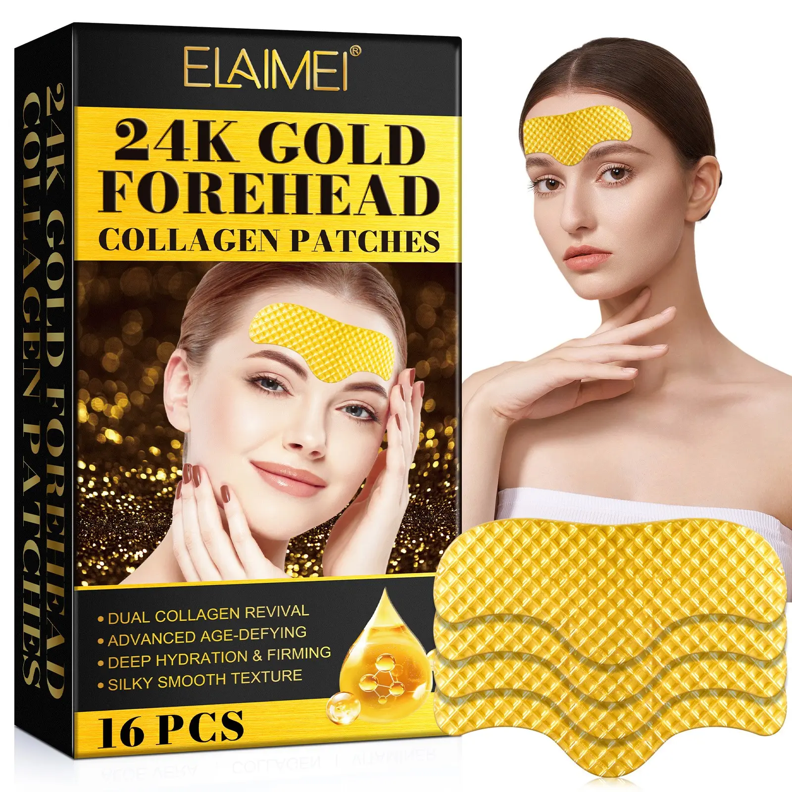 ELAIMEI 24k Gold Forehead Collagen Patches, Collagen Face Mask, Golden facial mask, moisturizes and nourishes the skin on the forehead. Suitable for all skin types for daily skincare, Beauty Products