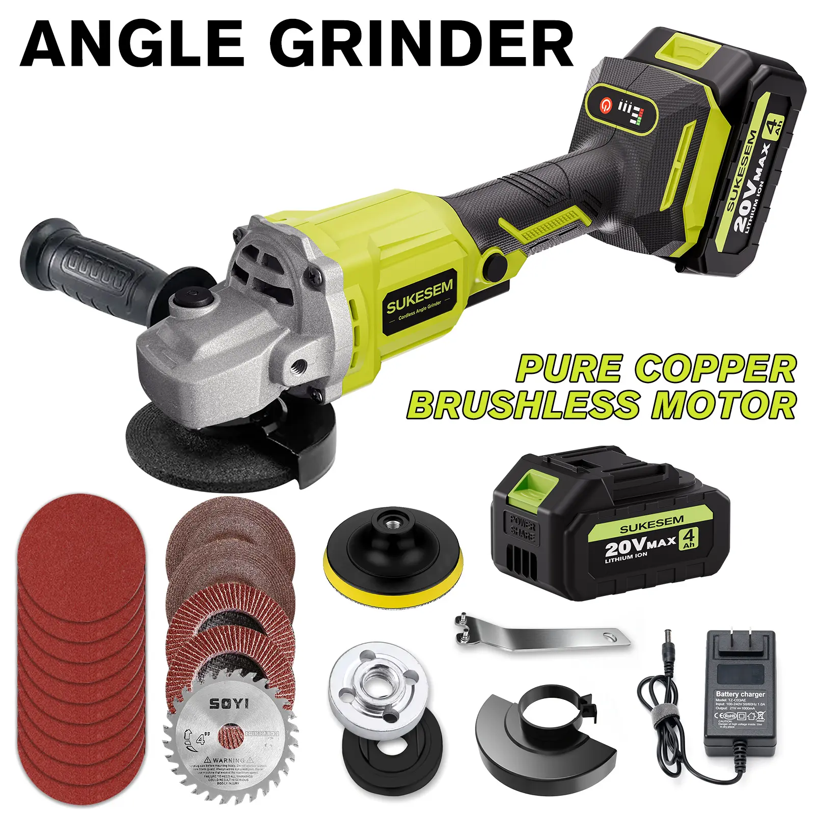 SUKESEM Cordless Brushless Electric Angle Grinder – 4.0Ah Battery + Fast Charger, Multiple Blades Cutting & Polishing Tool Kit, Heavy Duty for Metal & Wood, Renovation DIY Power Tool (Angle Grinding Machine with Batteries)