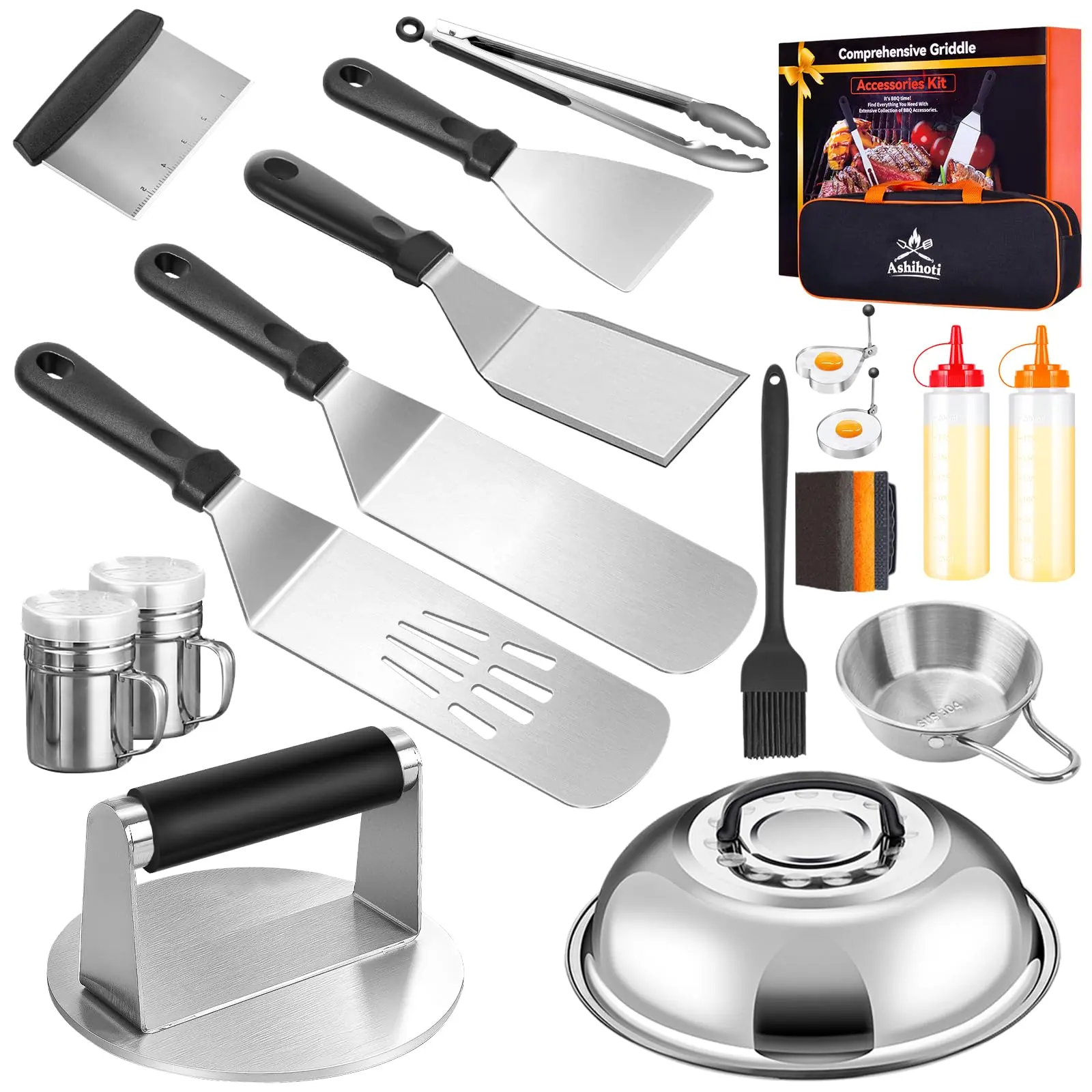Griddle Accessories BBQ Grill Set - 20pcs Stainless Steel Barbecue Tools Kit for Blackstone with Griddle Spatula Basting Cover Grill Mats Carry Bag for Camping,Flat Top Camp Chef Utensil