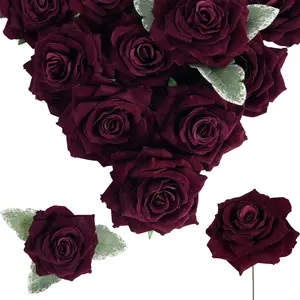 Burgundy Roses 16pcs Artificial Velvet Roses Maroon Flowers 4.3" Burgundy Fake Flowers Dark Red Roses for Wedding Bouquet Flowers for Floral Centerpieces Home Party Decor (Burgundy)