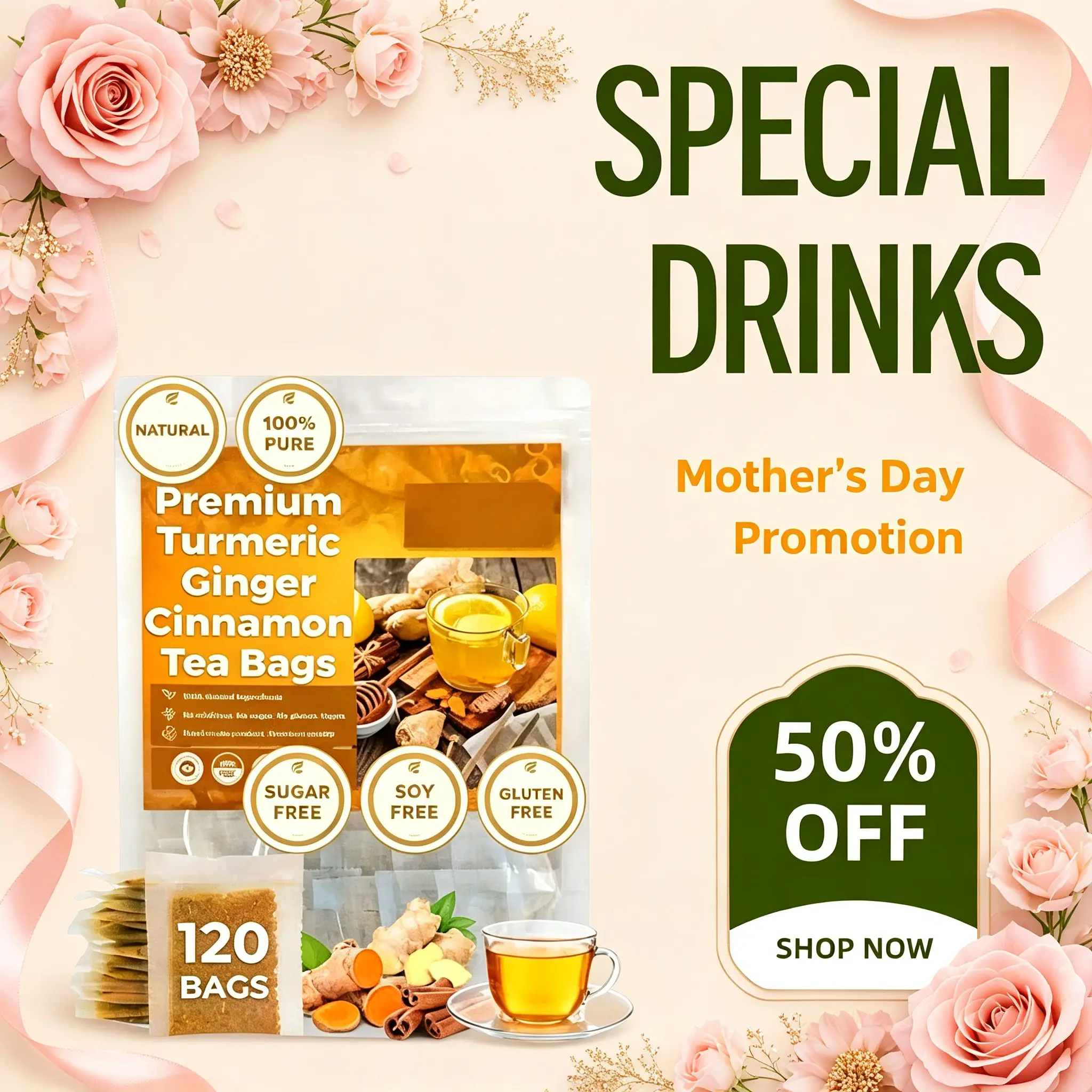 100% Natural Turmeric-Ginger-Cinnamon Dried Leaves Herbal Tea Packets, Caffeine-Free, Sugar-Free, No Added Sugar Herbal Ingredients Tea Drink Beverage