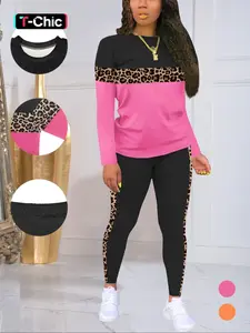 2 Piece Women's Fitted Long Sleeve Top & Pants Set for Winter, Leopard Patchwork Home Party Leisure Wear Loungewear