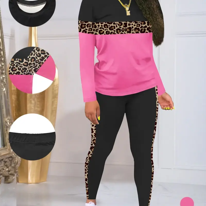2 Piece Women's Fitted Long Sleeve Top & Pants Set for Winter, Leopard Patchwork Home Party Leisure Wear Homewear Loungewear Outfit, Pyjamas Set